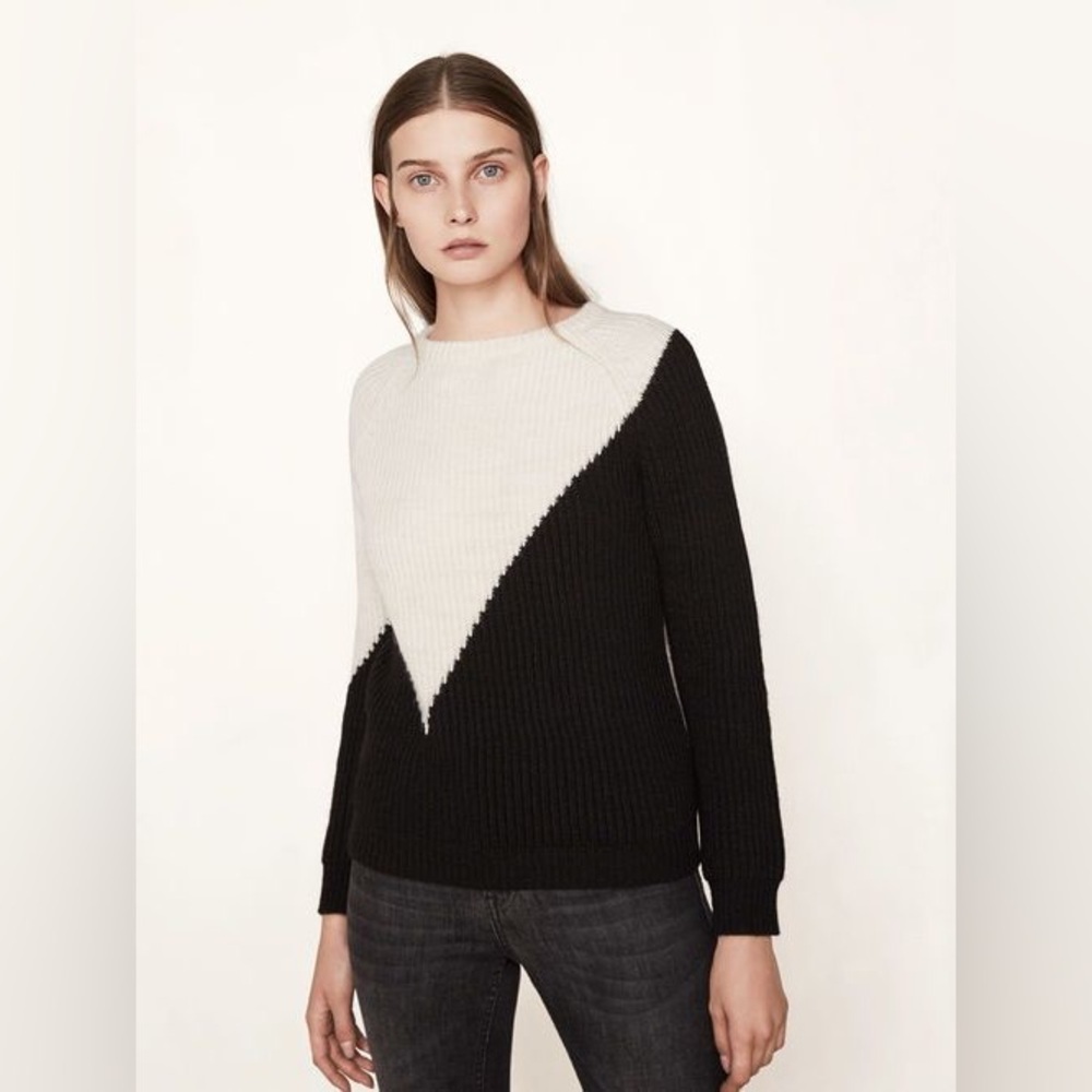 Maje Knit Wool Blend Sweater Black Cream Chunky Knit Colorblock Crewneck Small